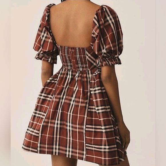 Maeve Burgundy Plaid Dress with Puff Sleeves New - Picture 2 of 9